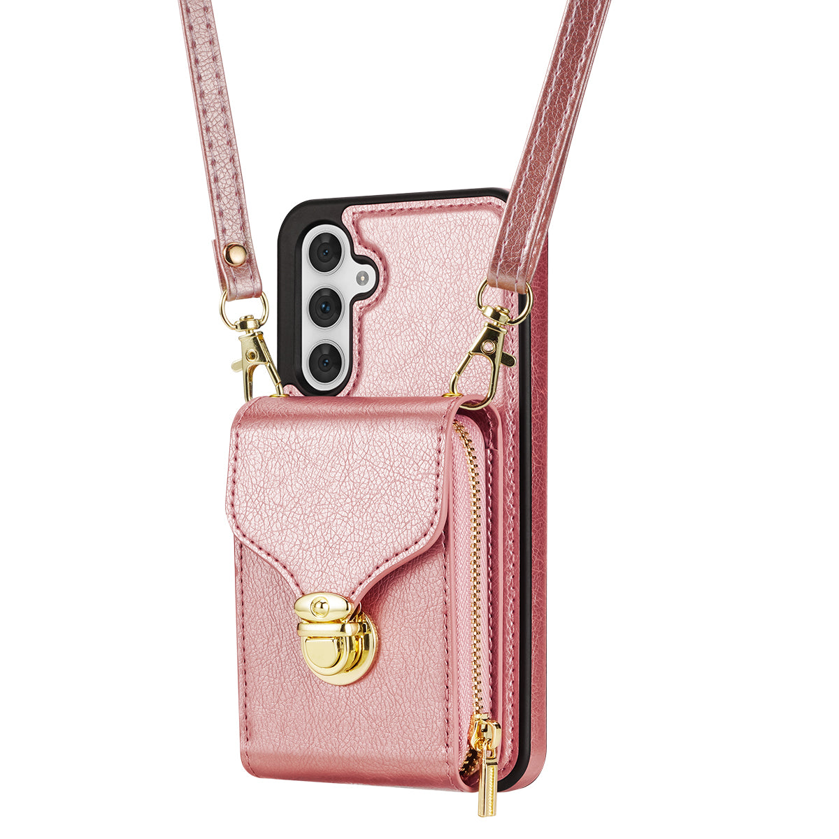 For Samsung Galaxy A16 5G  /  4G Case Zipper Wallet Leather+TPU Phone Cover with Strap - Rose Gold