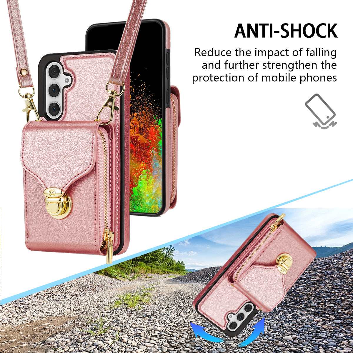 For Samsung Galaxy A16 5G  /  4G Case Zipper Wallet Leather+TPU Phone Cover with Strap - Rose Gold