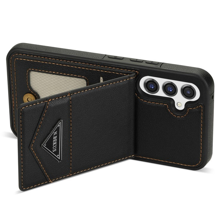N.BEKUS For Samsung Galaxy S24 FE Case Leather+TPU Kickstand Phone Cover with Card Holder - Black