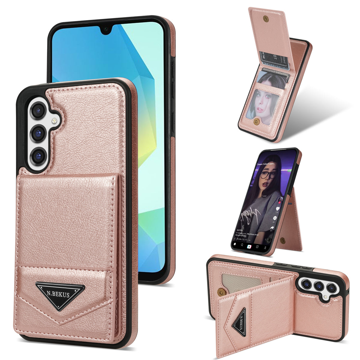 N.BEKUS For Samsung Galaxy A16 5G  /  4G Case Leather+TPU Kickstand Phone Cover with Card Holder - Pink