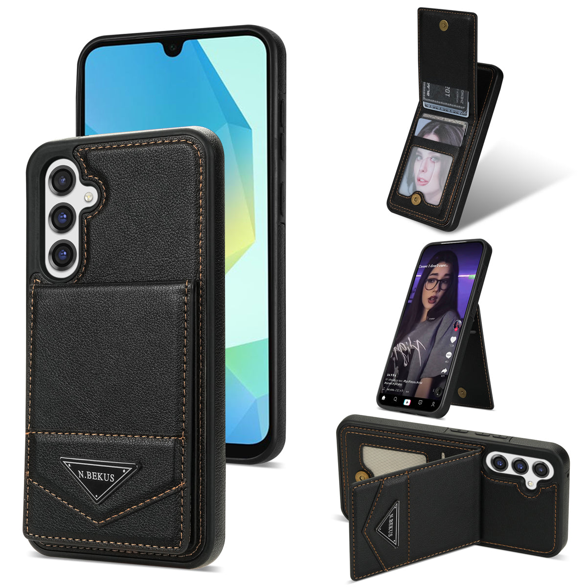 N.BEKUS For Samsung Galaxy A16 5G  /  4G Case Leather+TPU Kickstand Phone Cover with Card Holder - Black