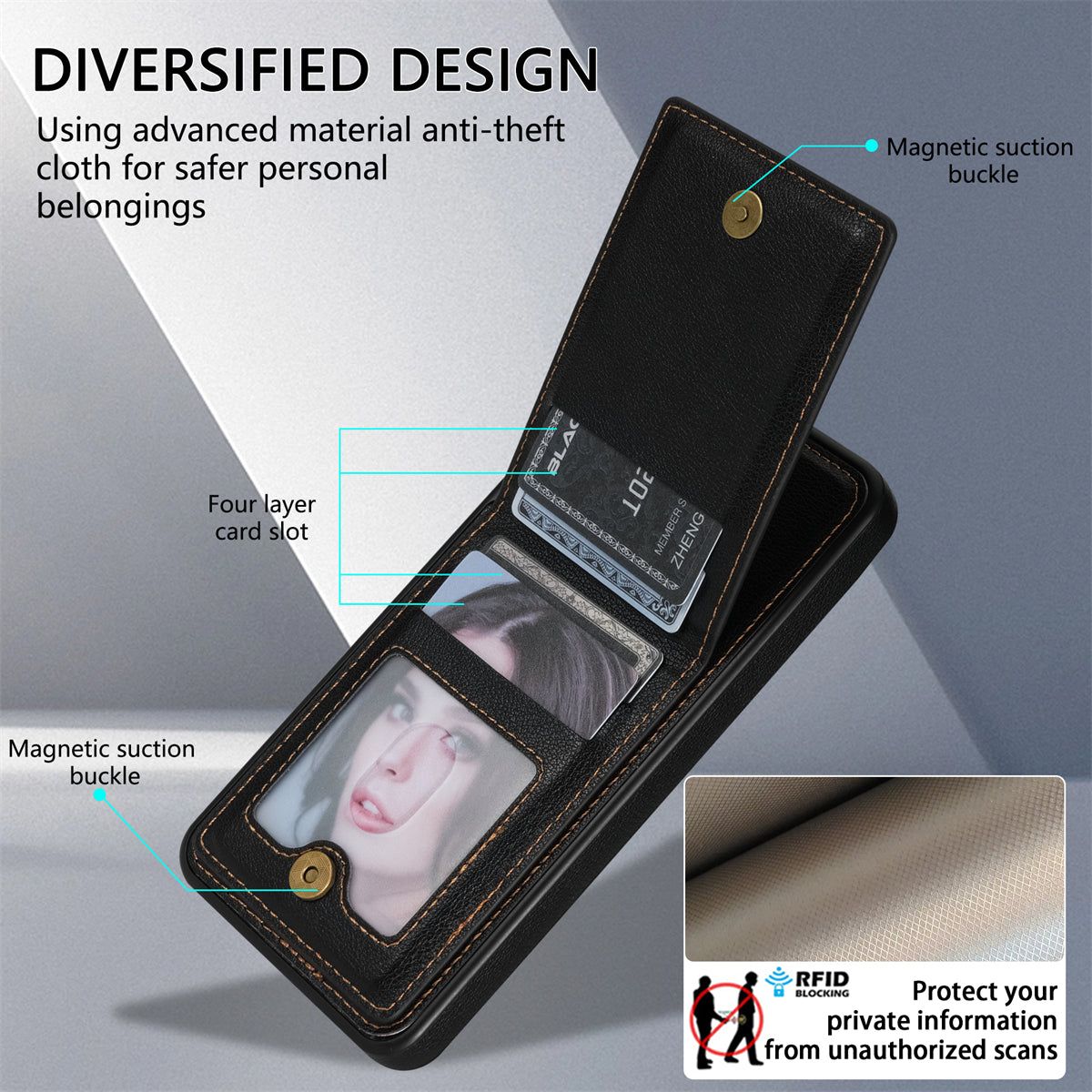 N.BEKUS For Samsung Galaxy A16 5G  /  4G Case Leather+TPU Kickstand Phone Cover with Card Holder - Black