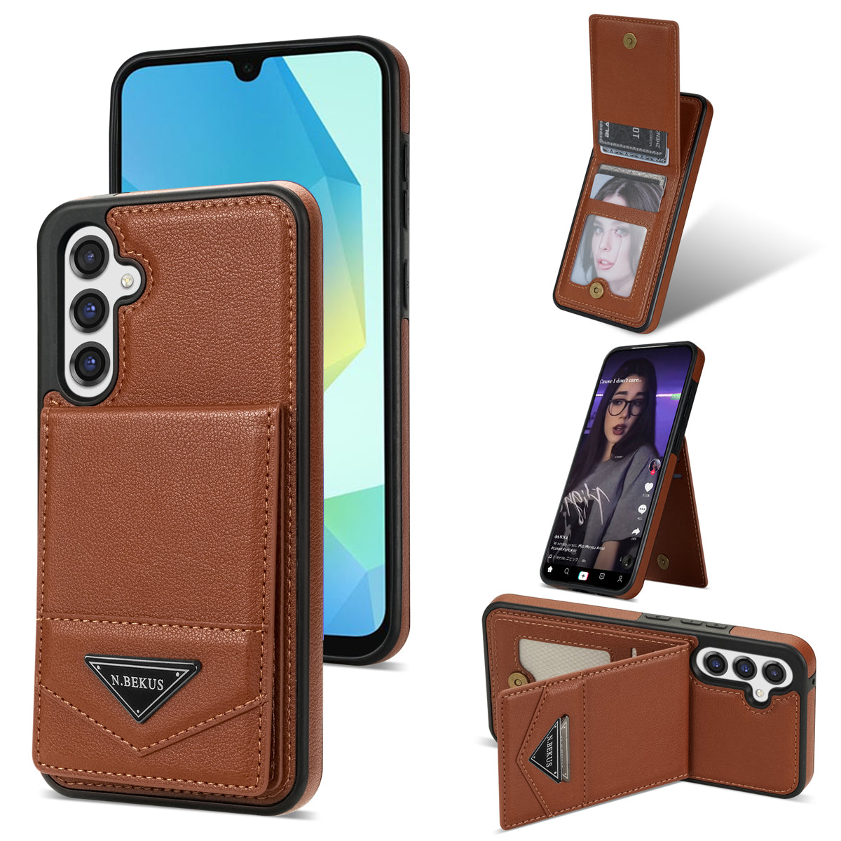 N.BEKUS For Samsung Galaxy A16 5G  /  4G Case Leather+TPU Kickstand Phone Cover with Card Holder - Brown