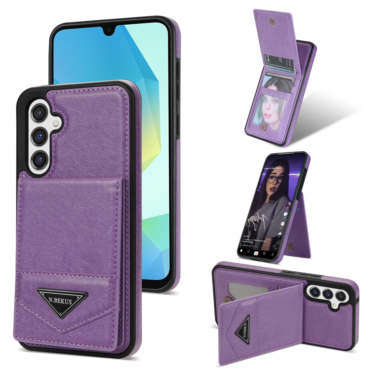 N.BEKUS For Samsung Galaxy A16 5G  /  4G Case Leather+TPU Kickstand Phone Cover with Card Holder - Purple