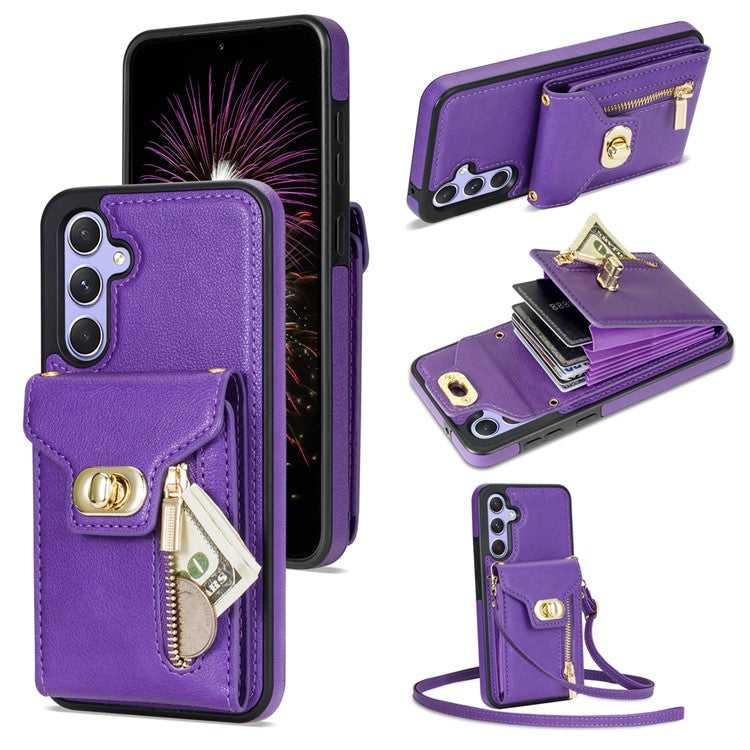 For Samsung Galaxy S24 FE Case Leather + TPU Phone Cover with Card Bag, Shoulder Strap - Purple
