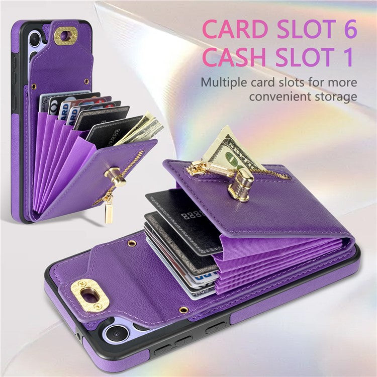 For Samsung Galaxy S24 FE Case Leather + TPU Phone Cover with Card Bag, Shoulder Strap - Purple