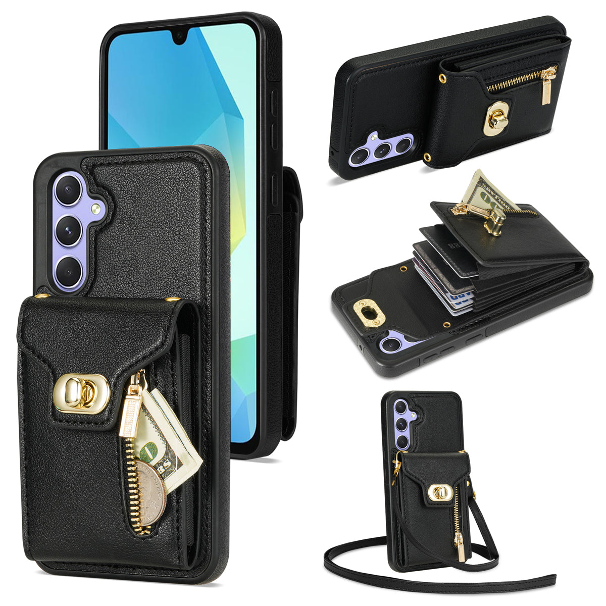 For Samsung Galaxy A16 5G  /  4G Case Leather + TPU Phone Cover with Card Bag, Shoulder Strap - Black