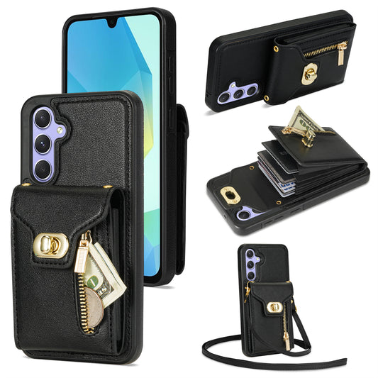 For Samsung Galaxy A16 5G  /  4G Case Leather + TPU Phone Cover with Card Bag, Shoulder Strap - Black