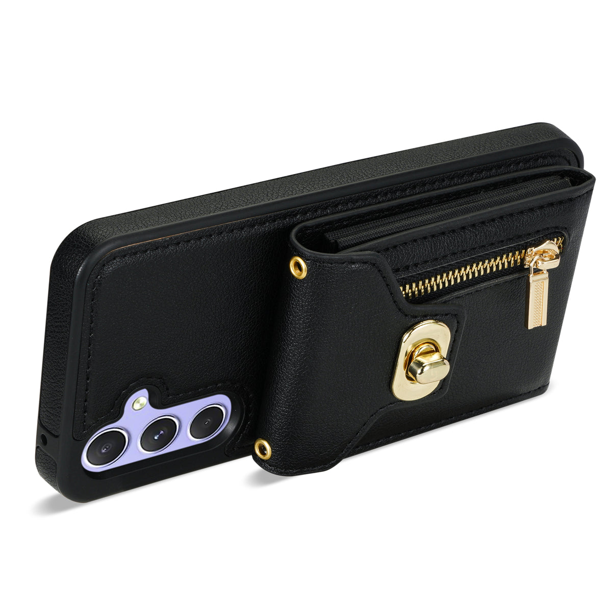 For Samsung Galaxy A16 5G  /  4G Case Leather + TPU Phone Cover with Card Bag, Shoulder Strap - Black