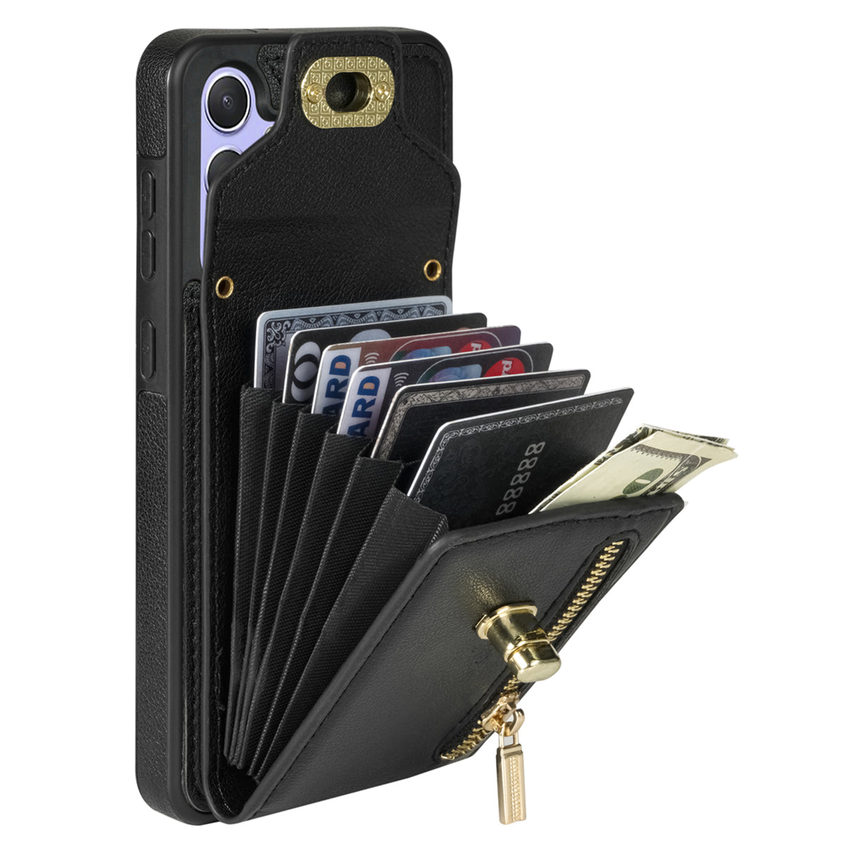 For Samsung Galaxy A16 5G  /  4G Case Leather + TPU Phone Cover with Card Bag, Shoulder Strap - Black