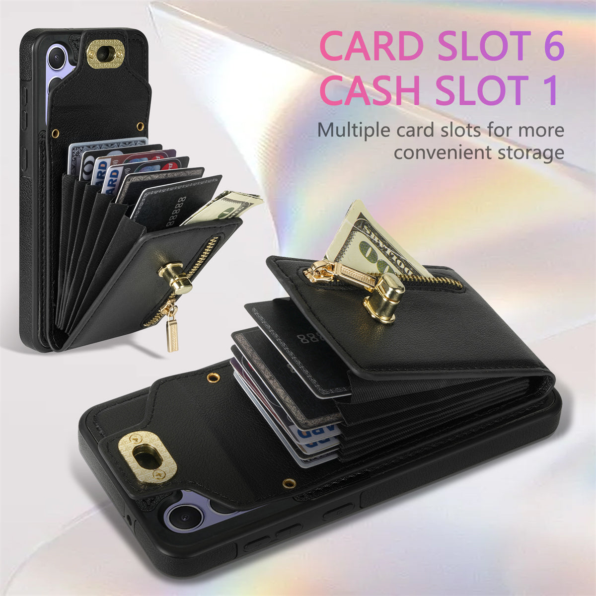 For Samsung Galaxy A16 5G  /  4G Case Leather + TPU Phone Cover with Card Bag, Shoulder Strap - Black