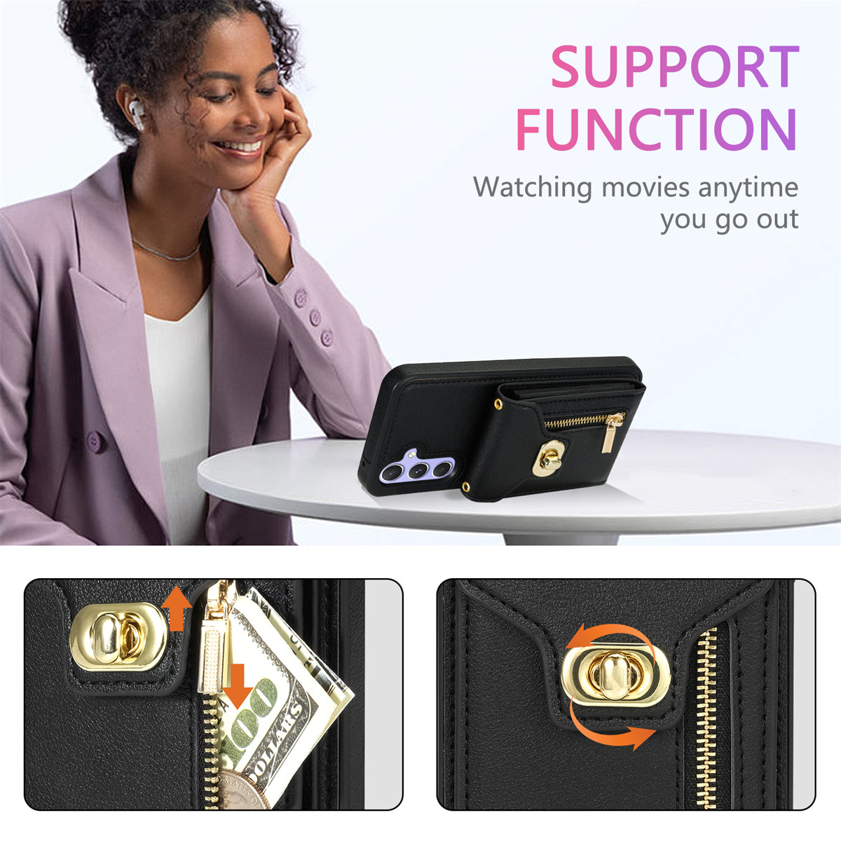 For Samsung Galaxy A16 5G  /  4G Case Leather + TPU Phone Cover with Card Bag, Shoulder Strap - Black