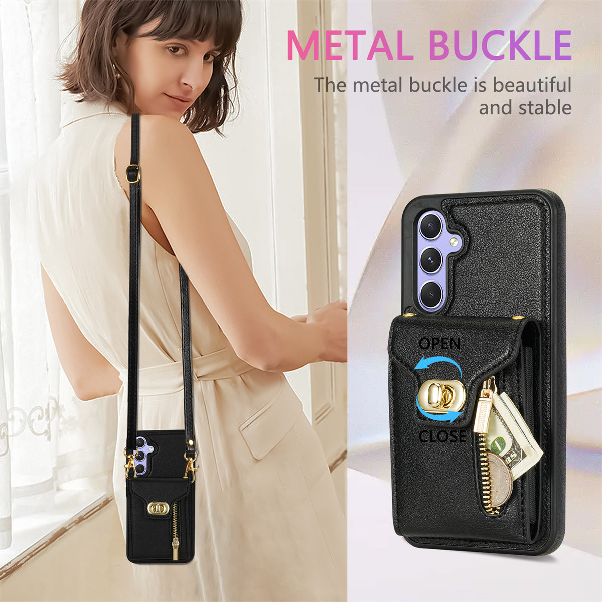 For Samsung Galaxy A16 5G  /  4G Case Leather + TPU Phone Cover with Card Bag, Shoulder Strap - Black