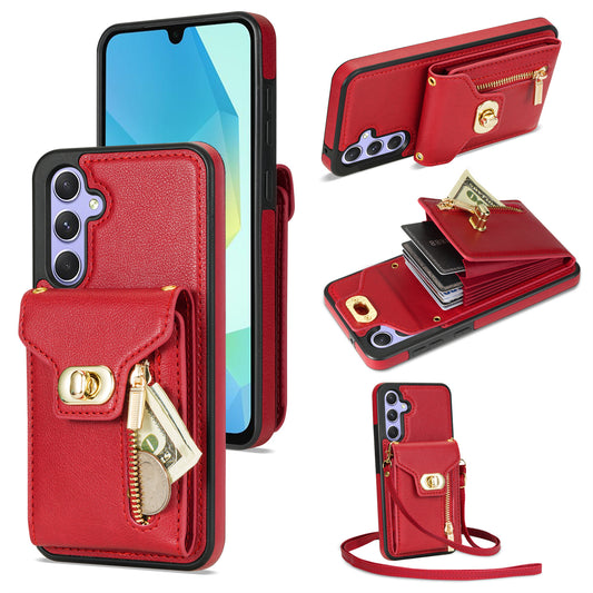 For Samsung Galaxy A16 5G  /  4G Case Leather + TPU Phone Cover with Card Bag, Shoulder Strap - Red
