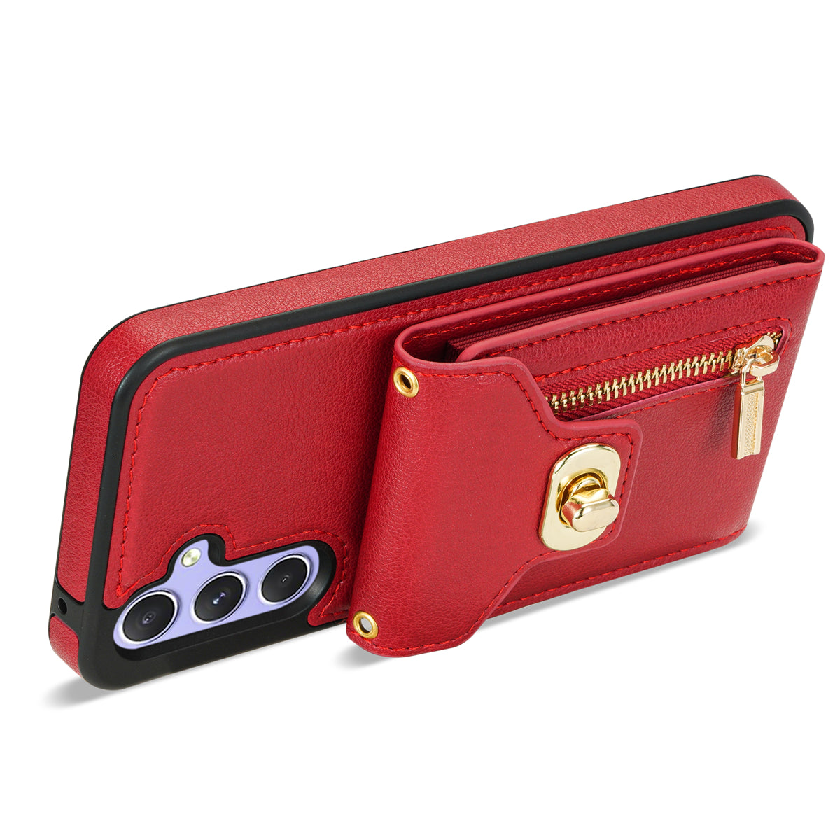 For Samsung Galaxy A16 5G  /  4G Case Leather + TPU Phone Cover with Card Bag, Shoulder Strap - Red