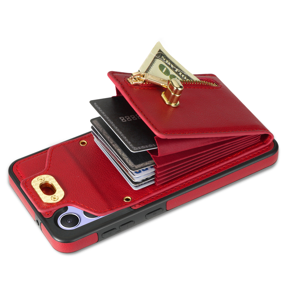 For Samsung Galaxy A16 5G  /  4G Case Leather + TPU Phone Cover with Card Bag, Shoulder Strap - Red