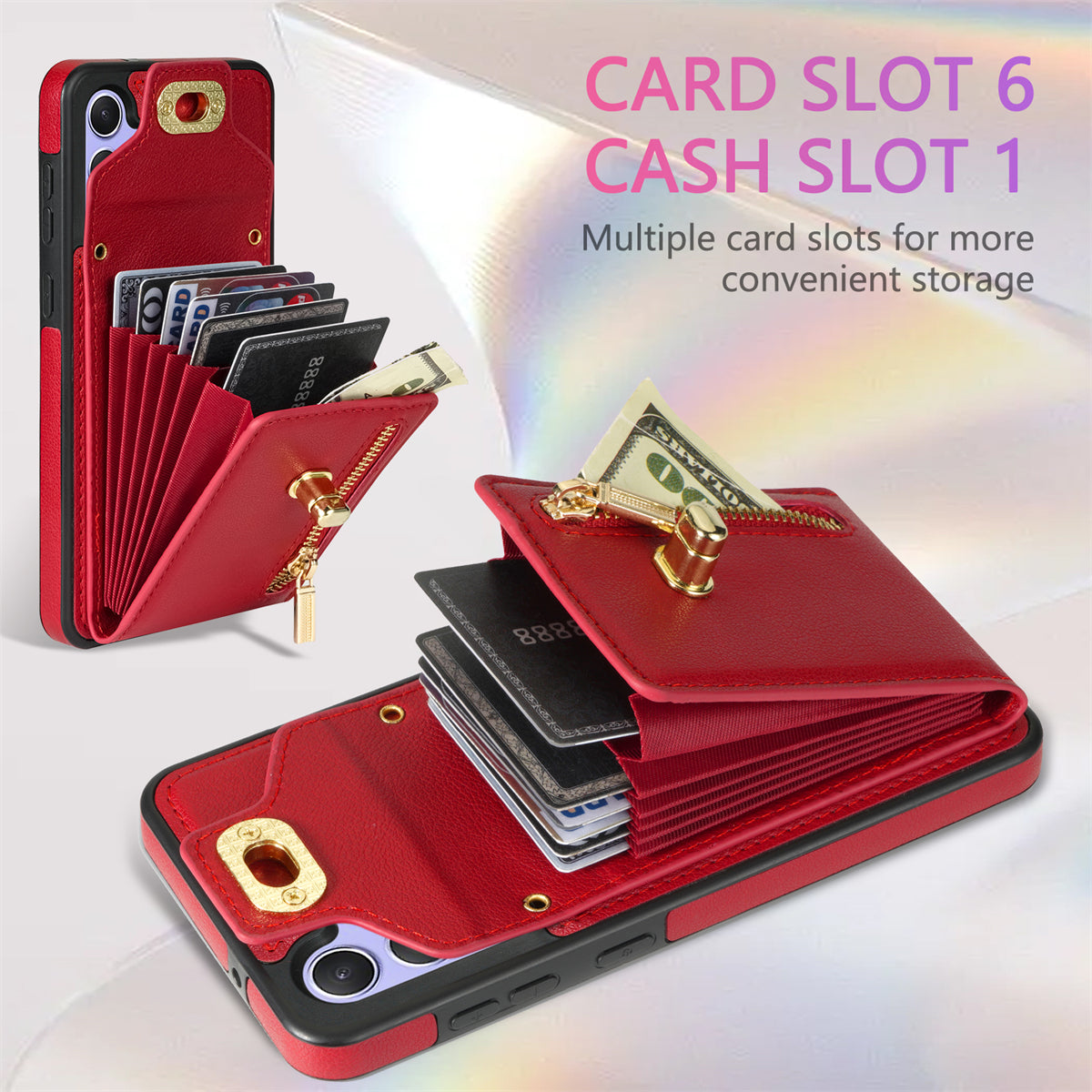 For Samsung Galaxy A16 5G  /  4G Case Leather + TPU Phone Cover with Card Bag, Shoulder Strap - Red