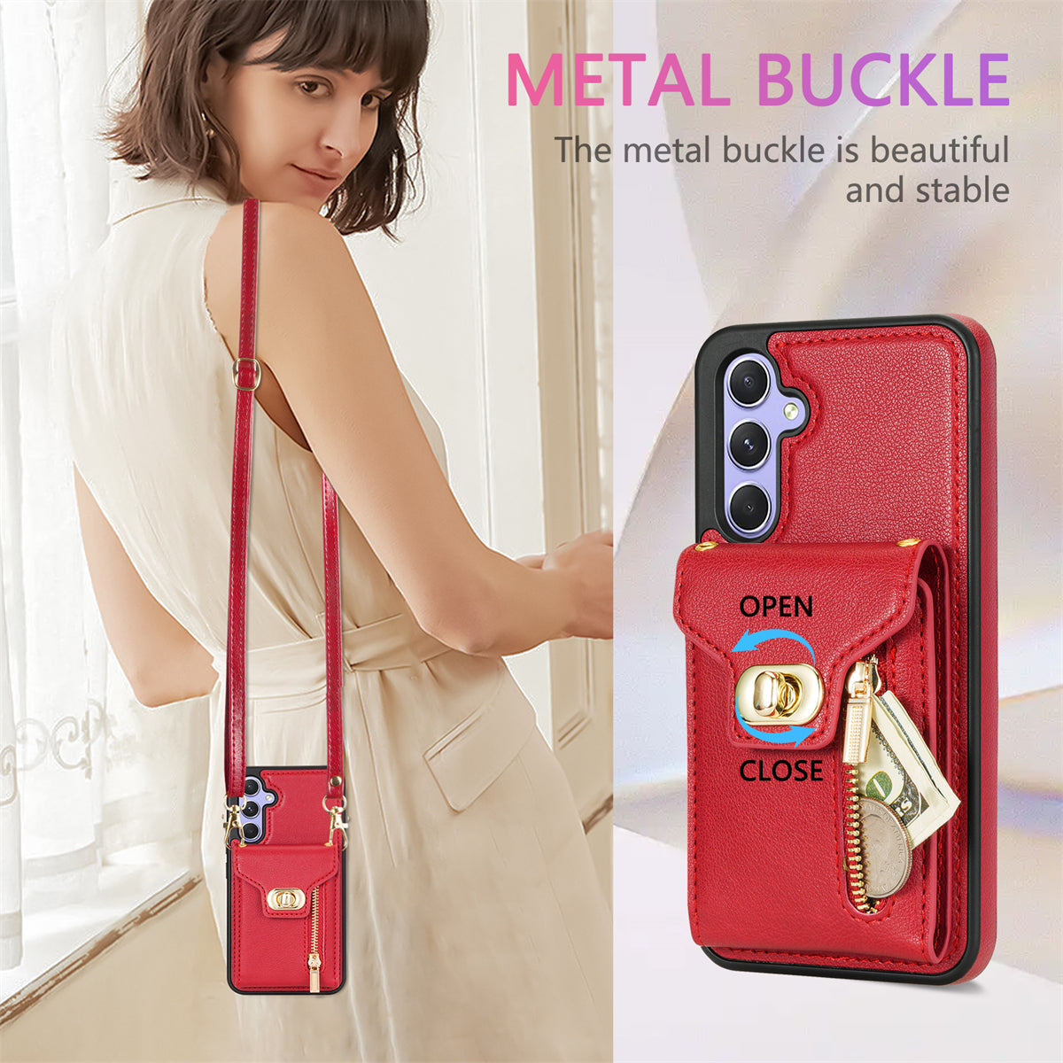 For Samsung Galaxy A16 5G  /  4G Case Leather + TPU Phone Cover with Card Bag, Shoulder Strap - Red