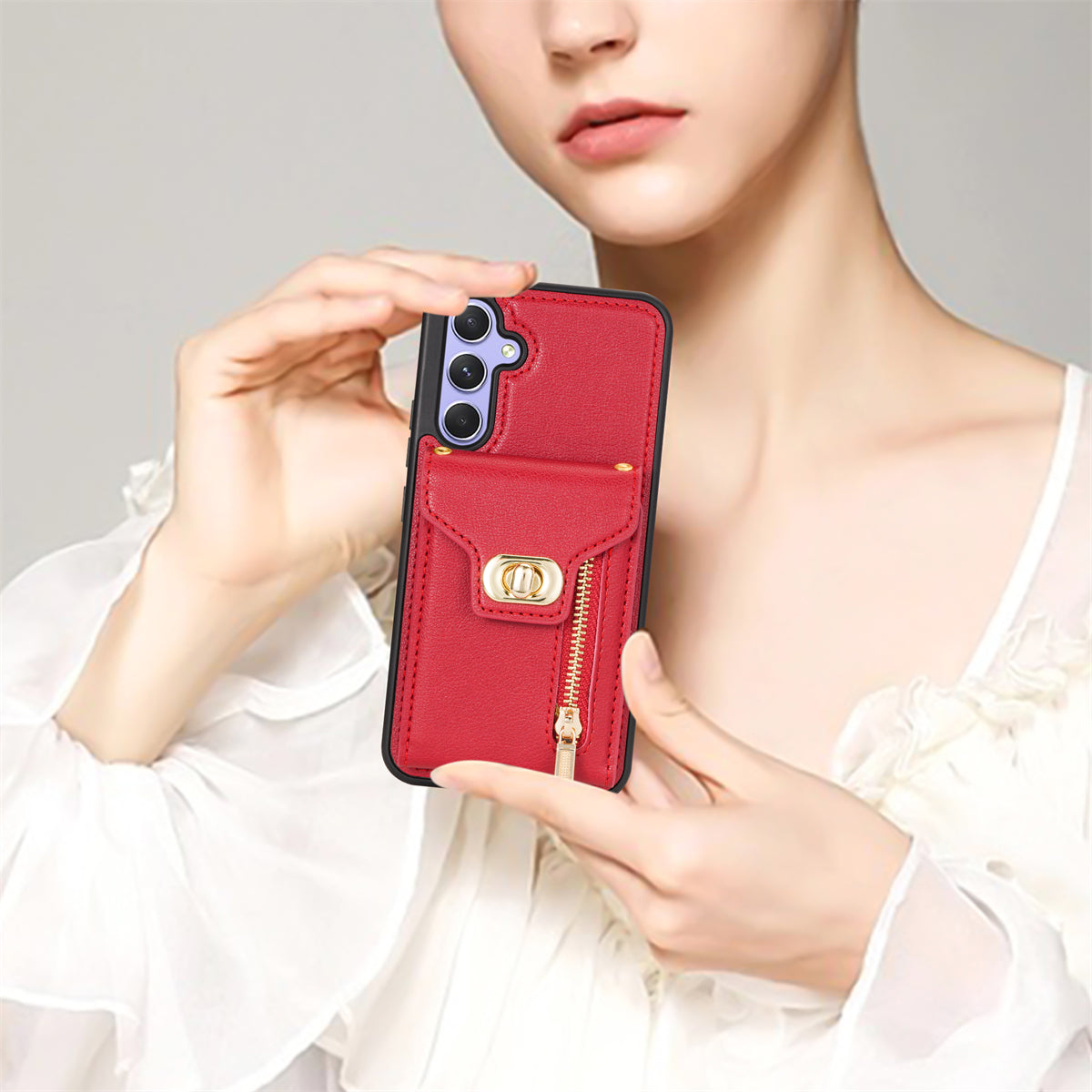 For Samsung Galaxy A16 5G  /  4G Case Leather + TPU Phone Cover with Card Bag, Shoulder Strap - Red
