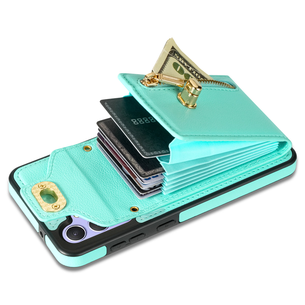 For Samsung Galaxy A16 5G  /  4G Case Leather + TPU Phone Cover with Card Bag, Shoulder Strap - Green