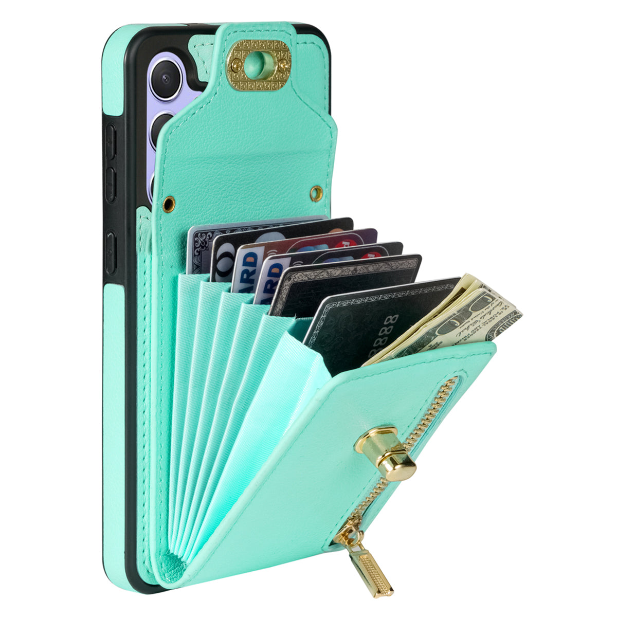 For Samsung Galaxy A16 5G  /  4G Case Leather + TPU Phone Cover with Card Bag, Shoulder Strap - Green