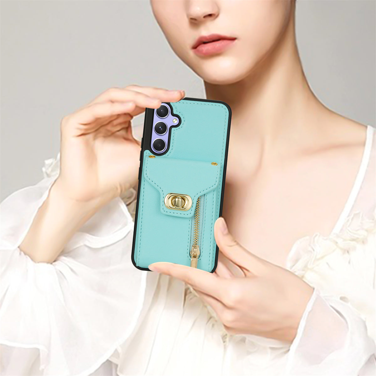 For Samsung Galaxy A16 5G  /  4G Case Leather + TPU Phone Cover with Card Bag, Shoulder Strap - Green