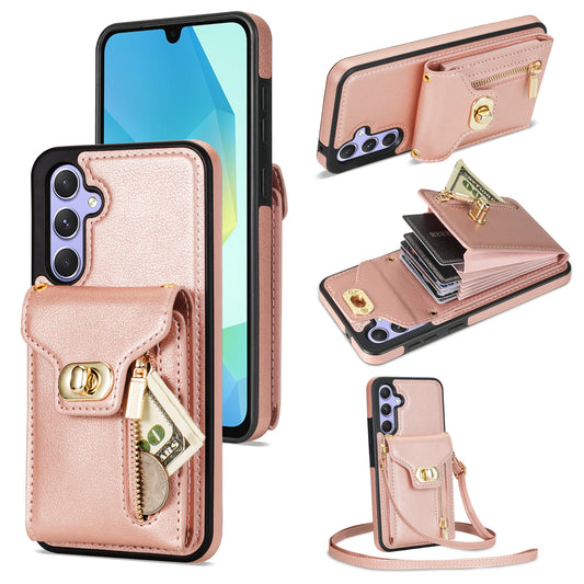 For Samsung Galaxy A16 5G  /  4G Case Leather + TPU Phone Cover with Card Bag, Shoulder Strap - Pink