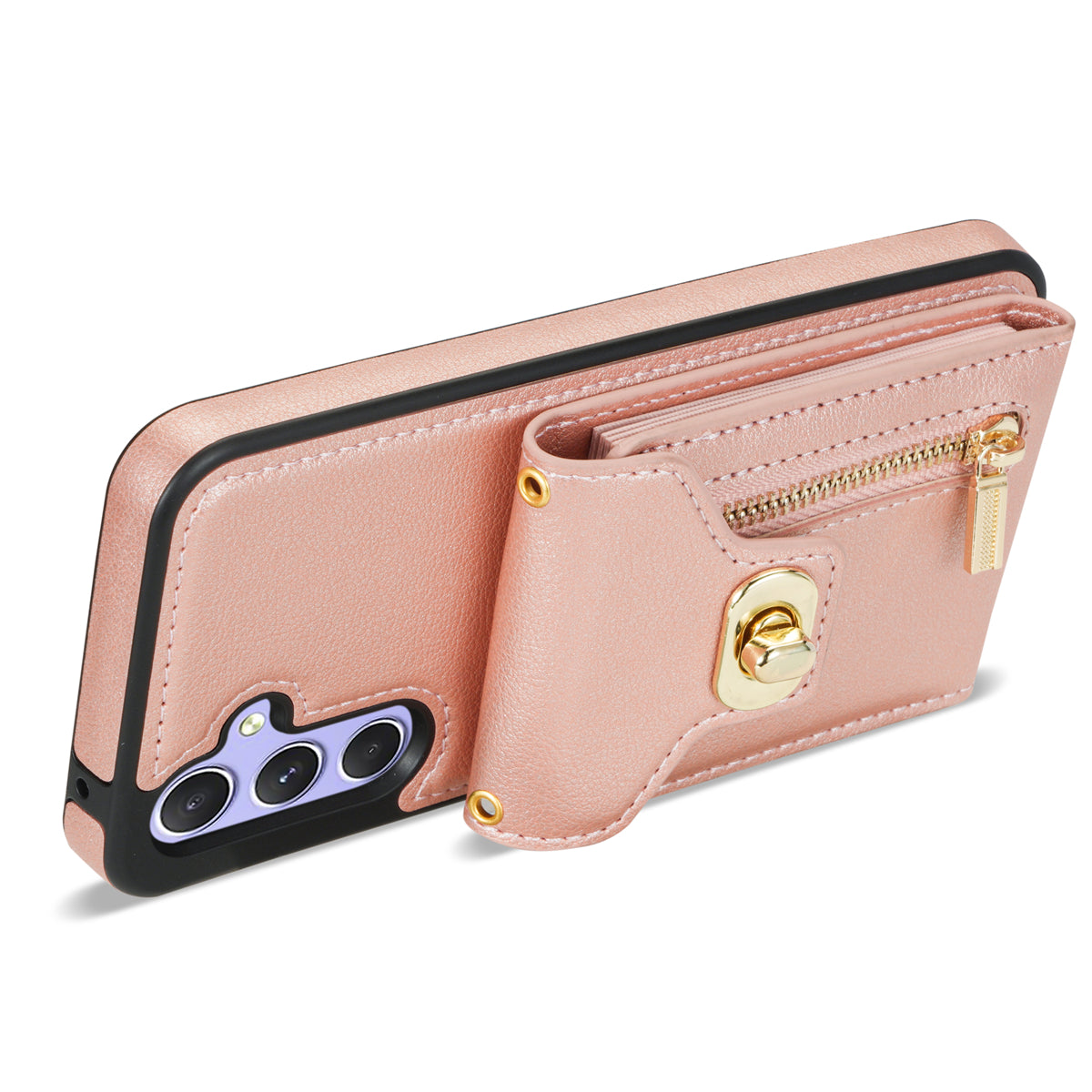 For Samsung Galaxy A16 5G  /  4G Case Leather + TPU Phone Cover with Card Bag, Shoulder Strap - Pink