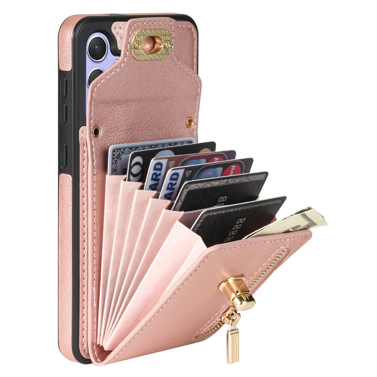 For Samsung Galaxy A16 5G  /  4G Case Leather + TPU Phone Cover with Card Bag, Shoulder Strap - Pink