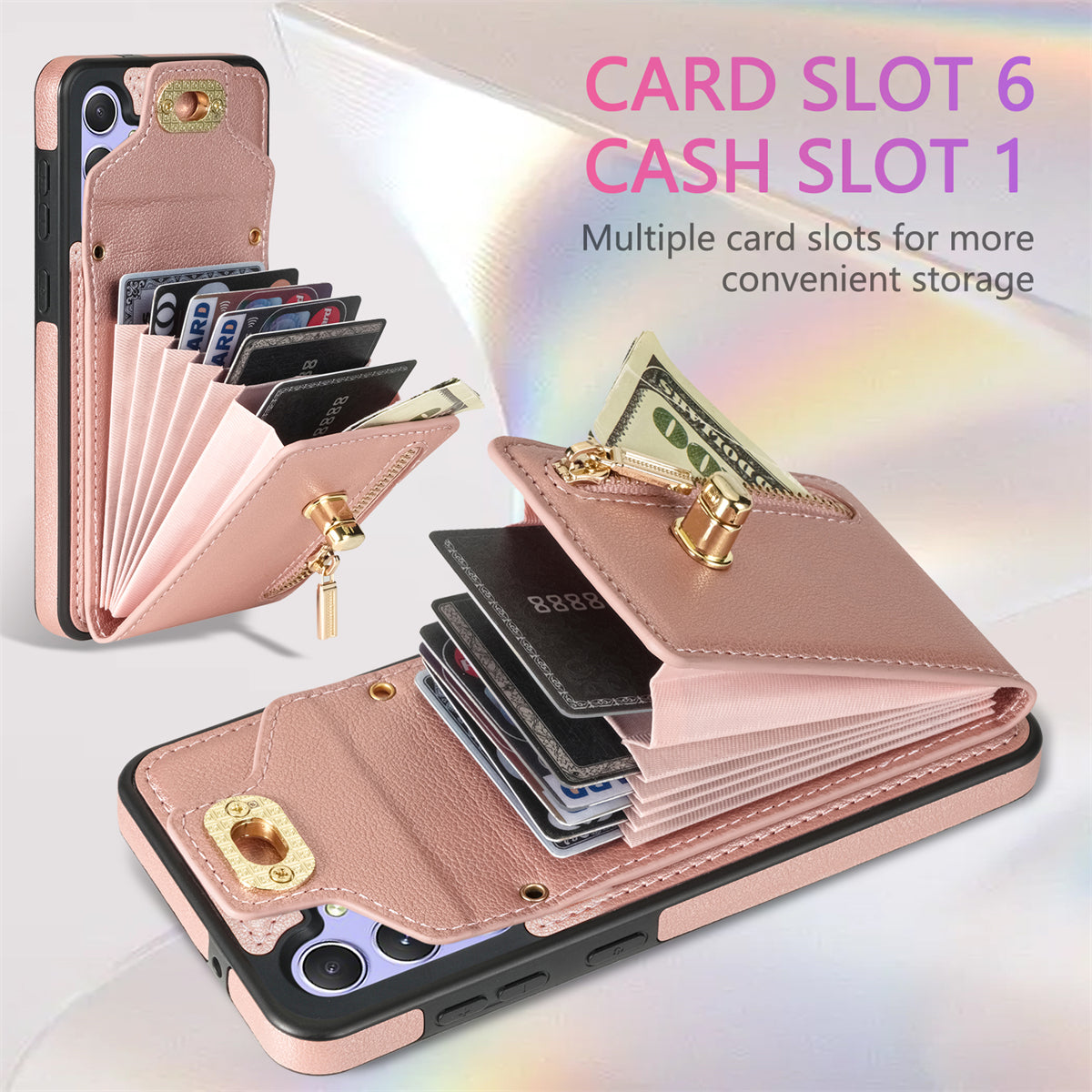 For Samsung Galaxy A16 5G  /  4G Case Leather + TPU Phone Cover with Card Bag, Shoulder Strap - Pink