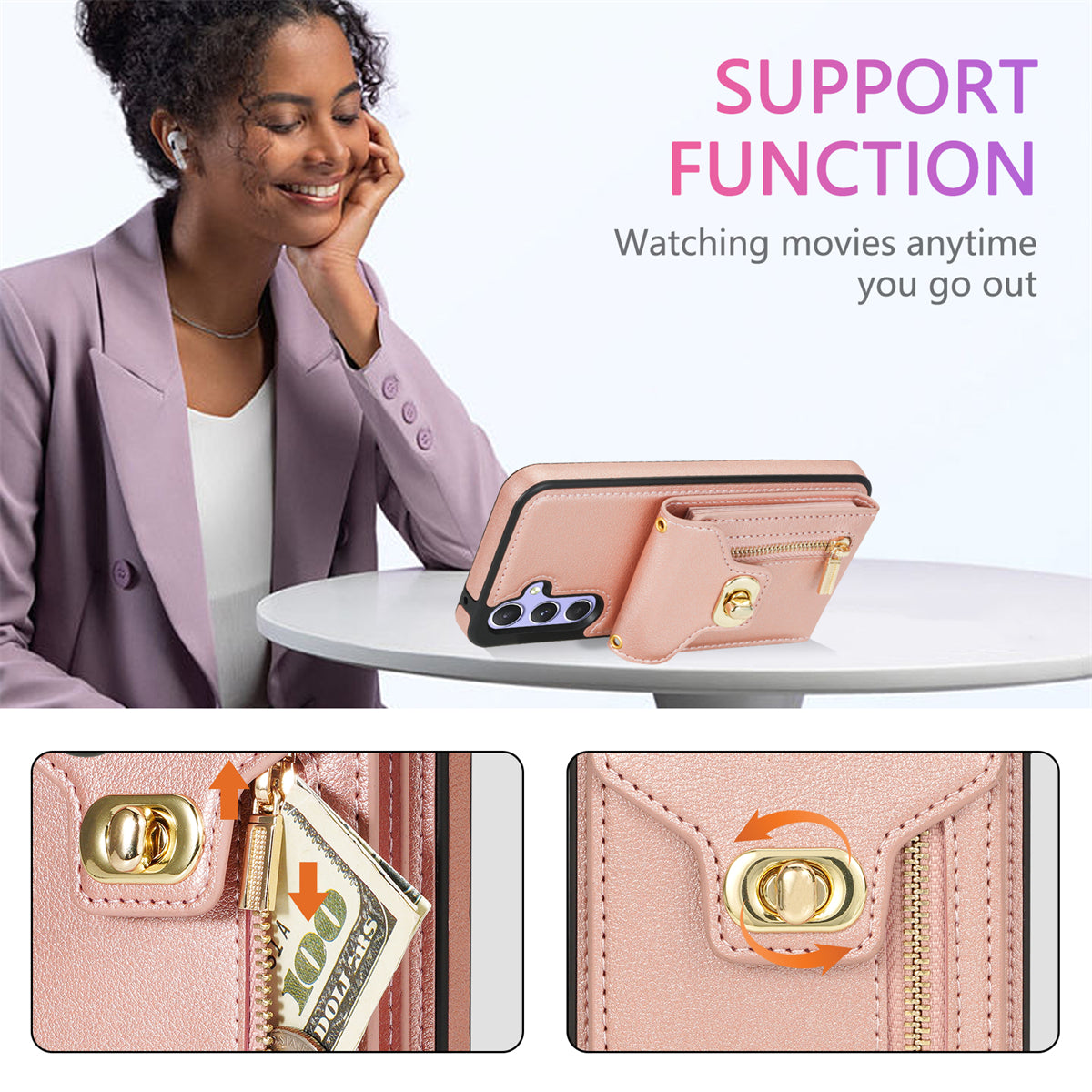 For Samsung Galaxy A16 5G  /  4G Case Leather + TPU Phone Cover with Card Bag, Shoulder Strap - Pink