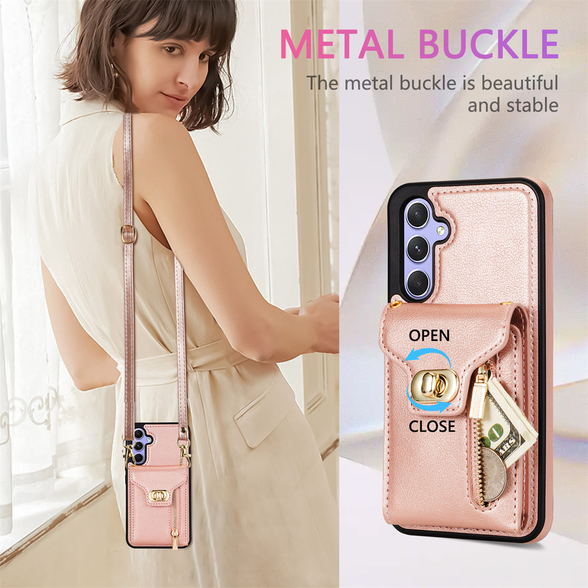 For Samsung Galaxy A16 5G  /  4G Case Leather + TPU Phone Cover with Card Bag, Shoulder Strap - Pink
