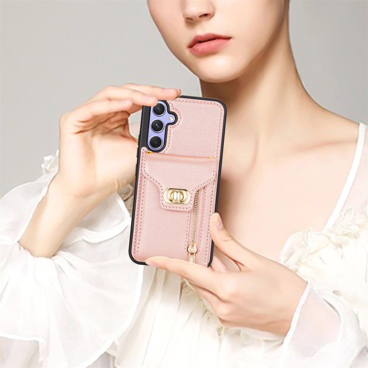 For Samsung Galaxy A16 5G  /  4G Case Leather + TPU Phone Cover with Card Bag, Shoulder Strap - Pink