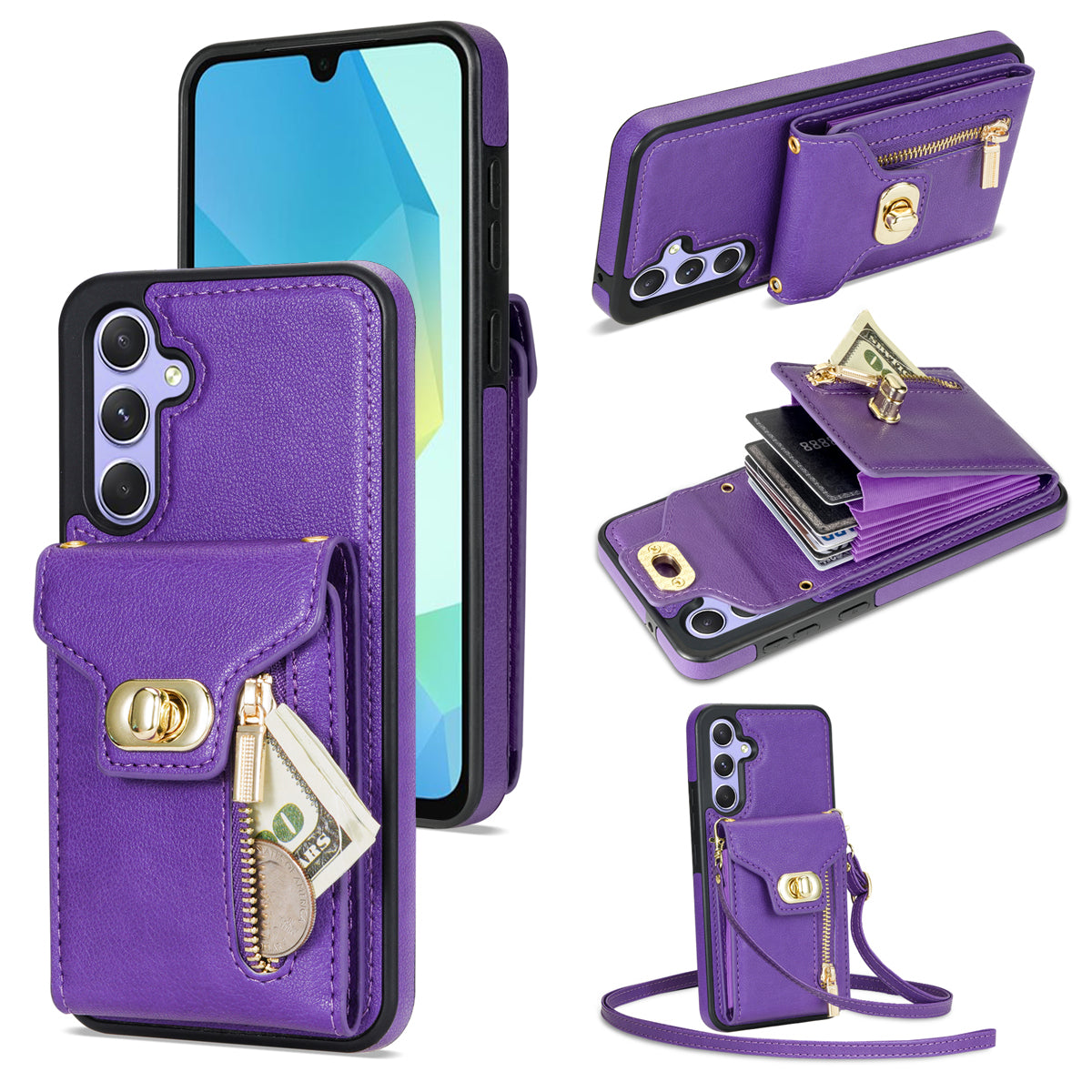 For Samsung Galaxy A16 5G  /  4G Case Leather + TPU Phone Cover with Card Bag, Shoulder Strap - Purple