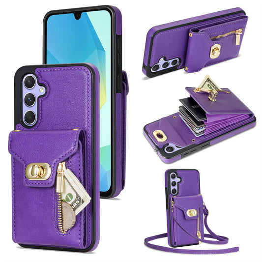 For Samsung Galaxy A16 5G  /  4G Case Leather + TPU Phone Cover with Card Bag, Shoulder Strap - Purple