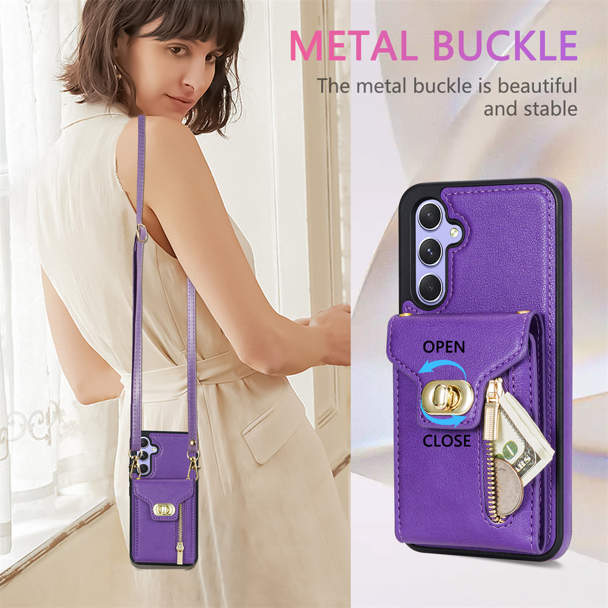 For Samsung Galaxy A16 5G  /  4G Case Leather + TPU Phone Cover with Card Bag, Shoulder Strap - Purple