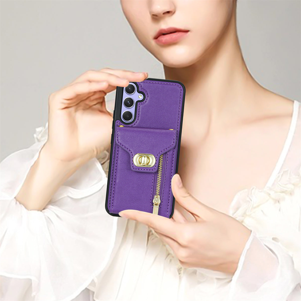 For Samsung Galaxy A16 5G  /  4G Case Leather + TPU Phone Cover with Card Bag, Shoulder Strap - Purple