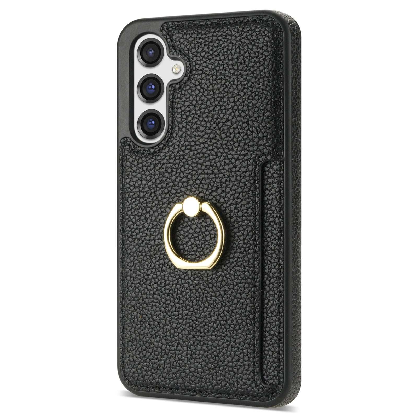 For Samsung Galaxy A16 4G / 5G Case Ring Kickstand PU+TPU Card Holder Phone Cover - Black