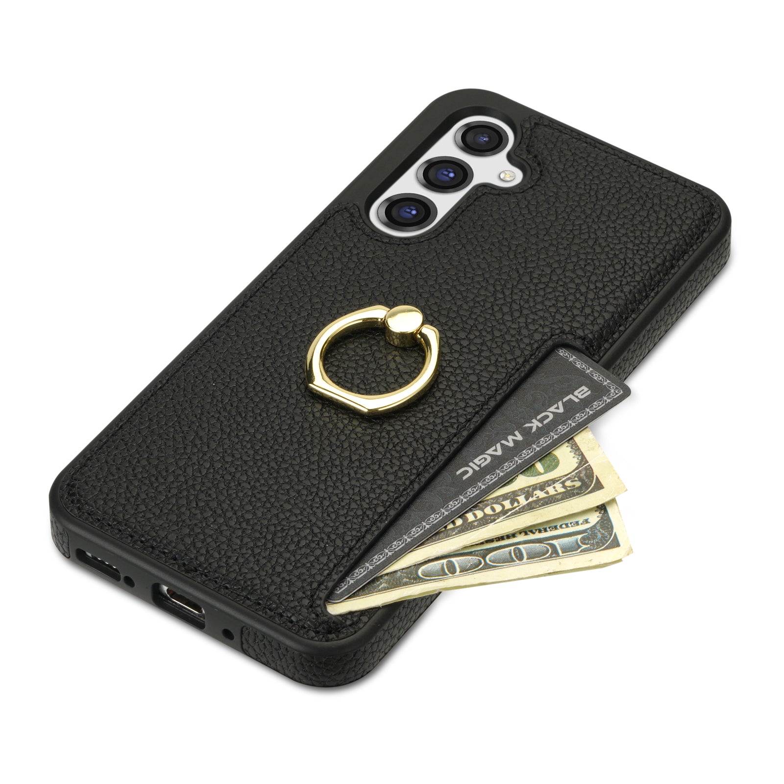 For Samsung Galaxy A16 4G / 5G Case Ring Kickstand PU+TPU Card Holder Phone Cover - Black