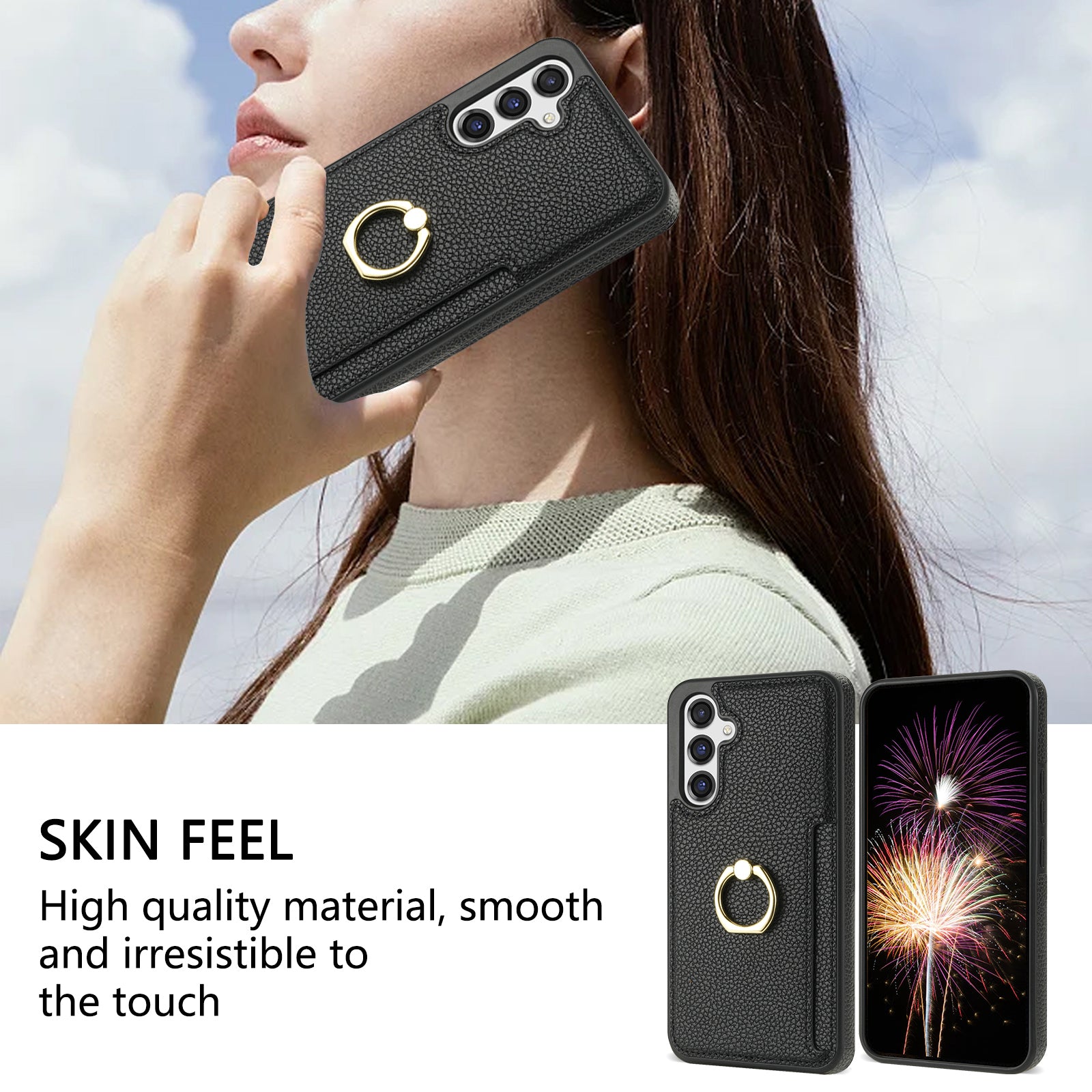 For Samsung Galaxy A16 4G / 5G Case Ring Kickstand PU+TPU Card Holder Phone Cover - Black