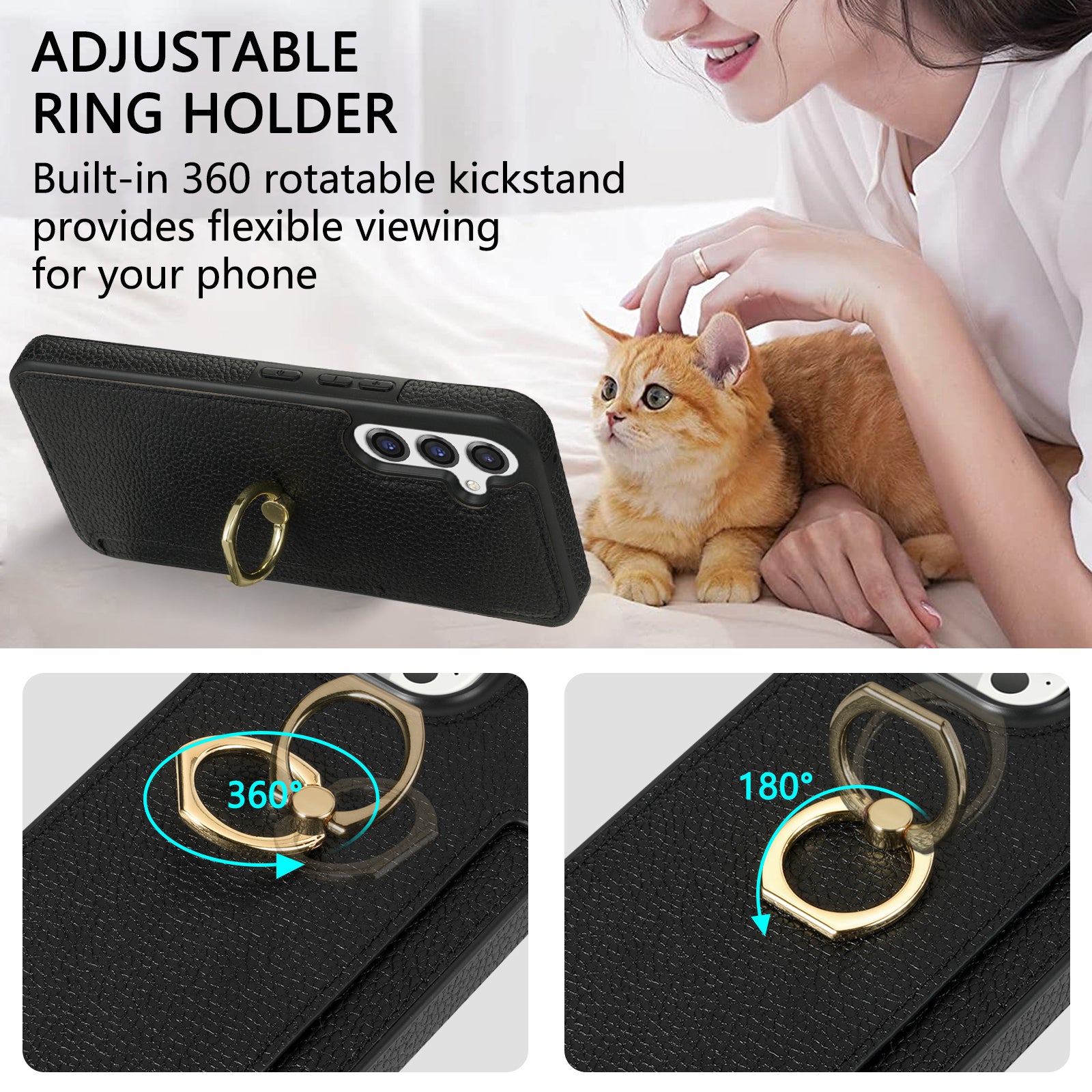 For Samsung Galaxy A16 4G / 5G Case Ring Kickstand PU+TPU Card Holder Phone Cover - Black