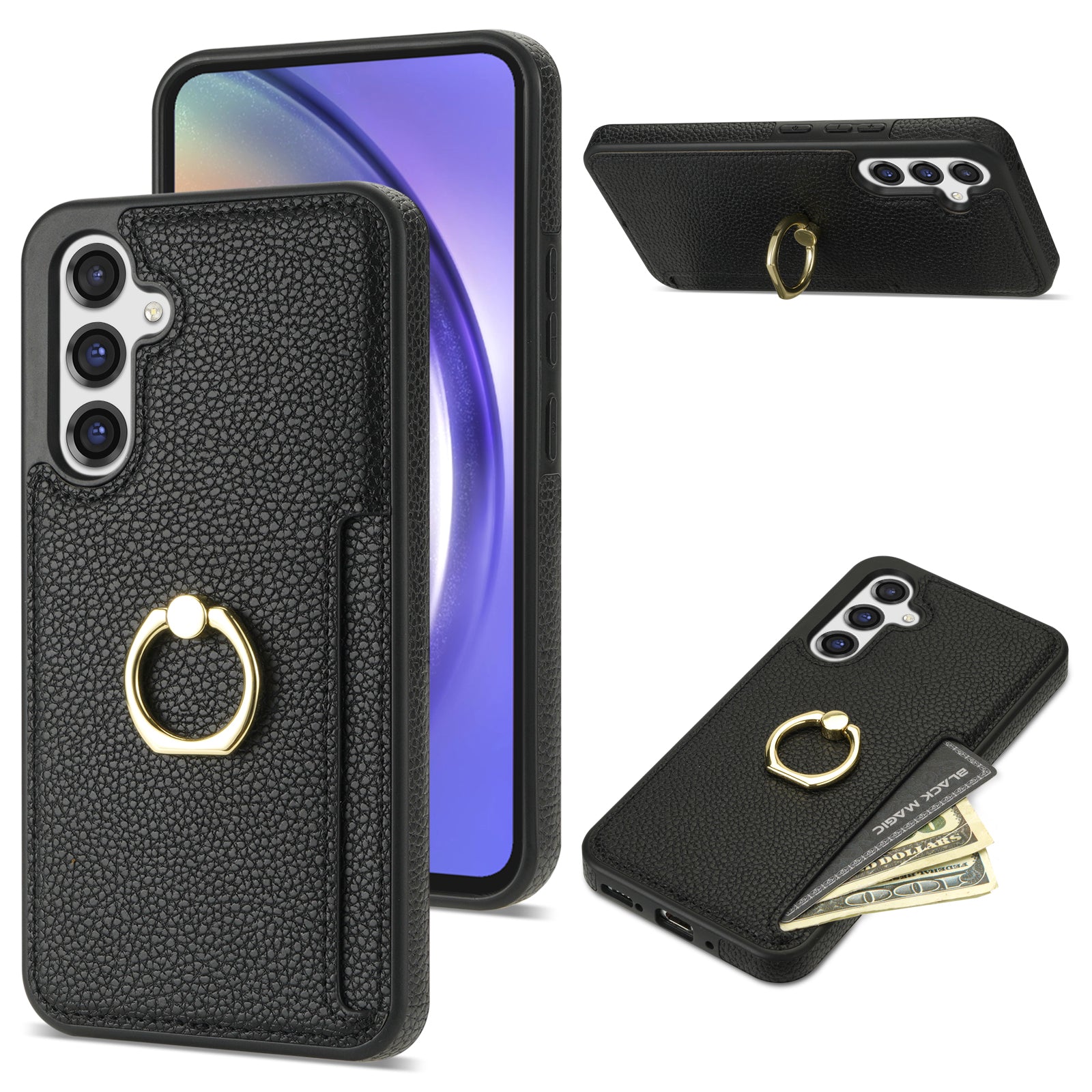 For Samsung Galaxy A16 4G / 5G Case Ring Kickstand PU+TPU Card Holder Phone Cover - Black