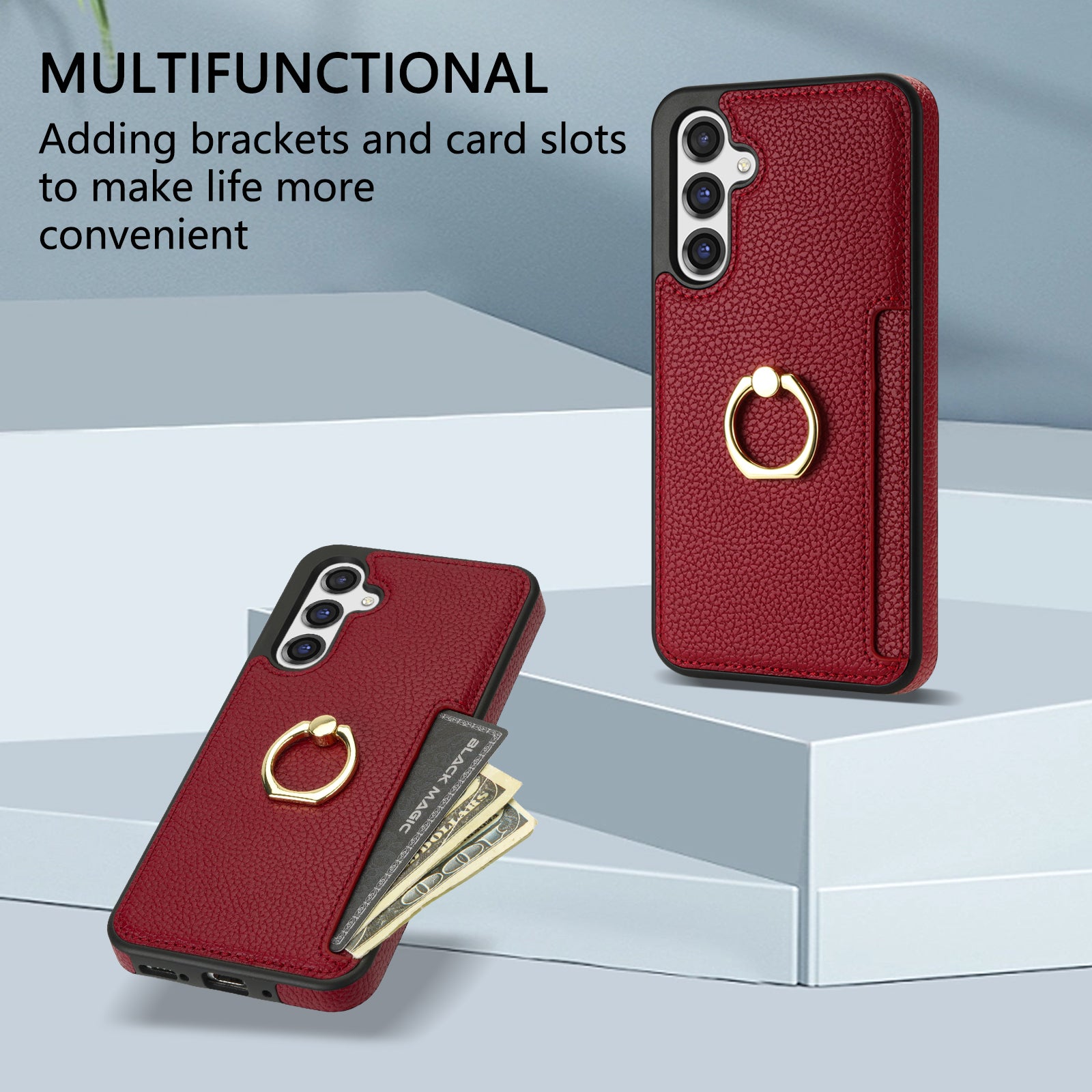 For Samsung Galaxy A16 4G / 5G Case Ring Kickstand PU+TPU Card Holder Phone Cover - Red