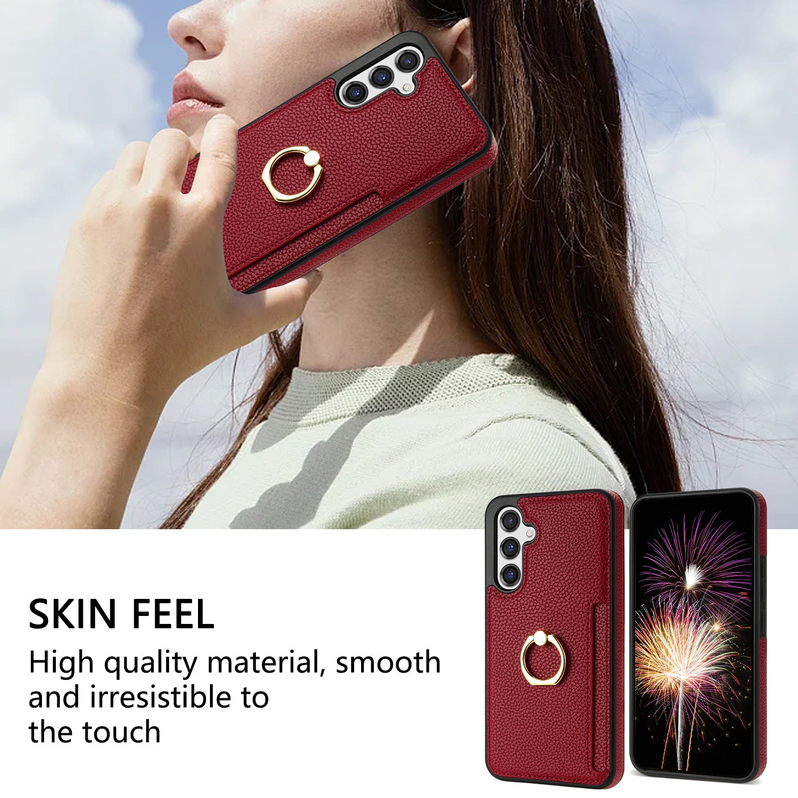 For Samsung Galaxy A16 4G / 5G Case Ring Kickstand PU+TPU Card Holder Phone Cover - Red