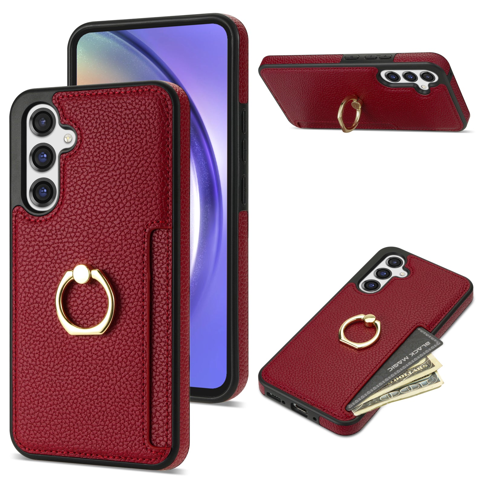 For Samsung Galaxy A16 4G / 5G Case Ring Kickstand PU+TPU Card Holder Phone Cover - Red