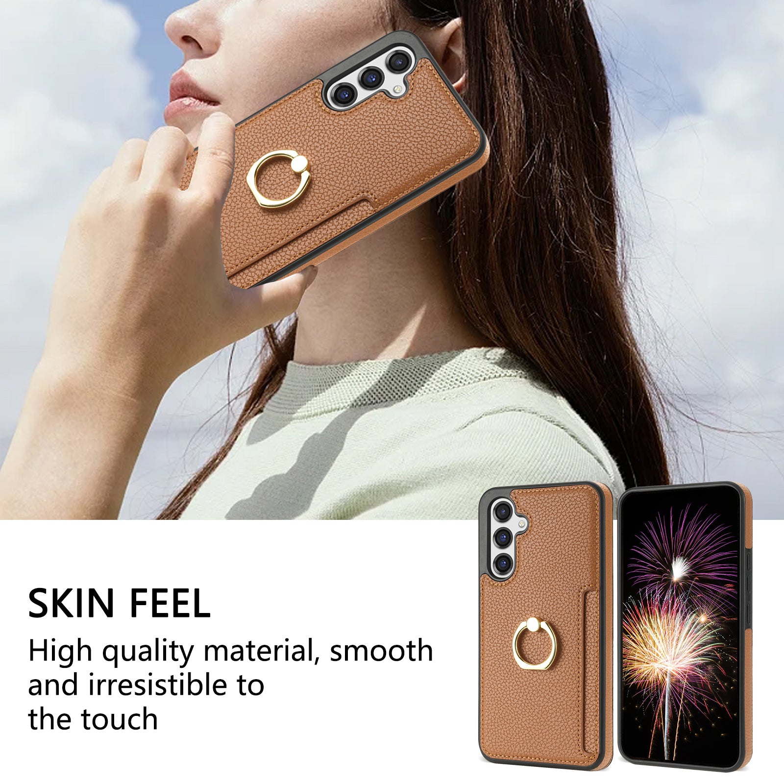 For Samsung Galaxy A16 4G / 5G Case Ring Kickstand PU+TPU Card Holder Phone Cover - Brown