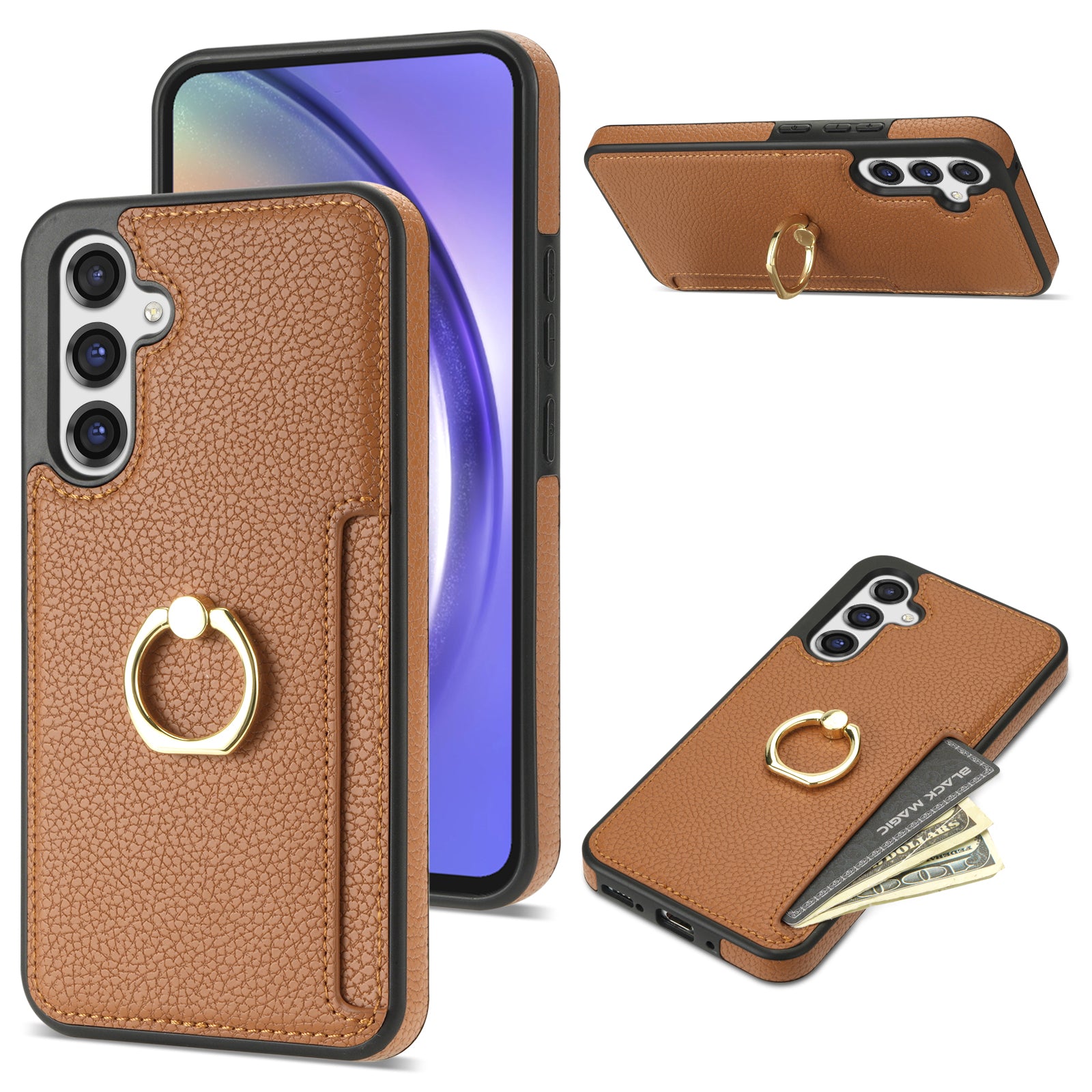 For Samsung Galaxy A16 4G / 5G Case Ring Kickstand PU+TPU Card Holder Phone Cover - Brown