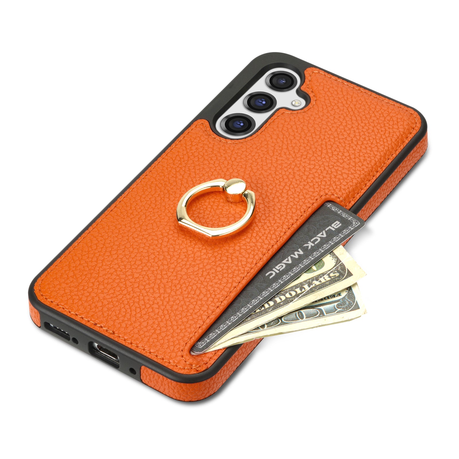 For Samsung Galaxy A16 4G / 5G Case Ring Kickstand PU+TPU Card Holder Phone Cover - Orange