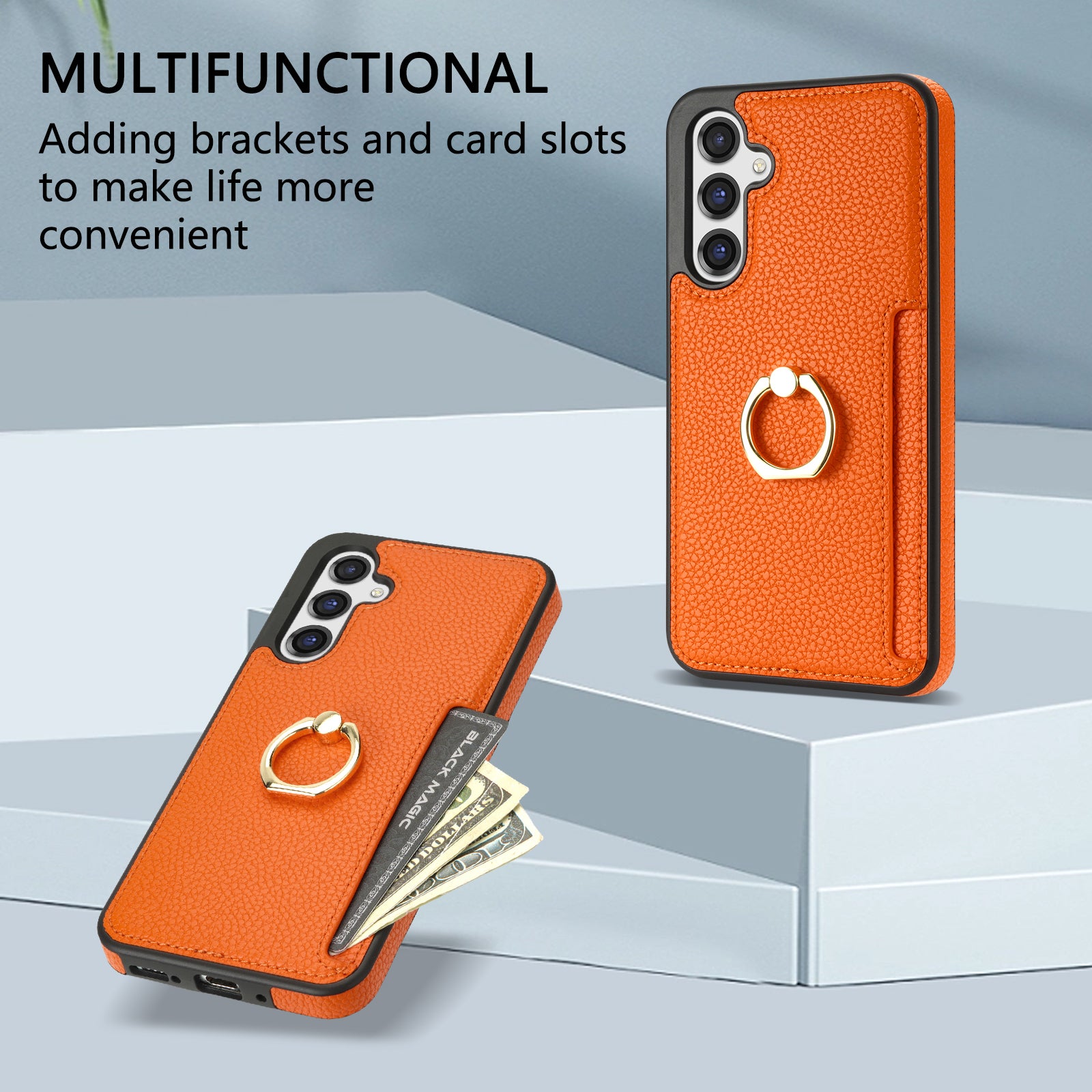 For Samsung Galaxy A16 4G / 5G Case Ring Kickstand PU+TPU Card Holder Phone Cover - Orange
