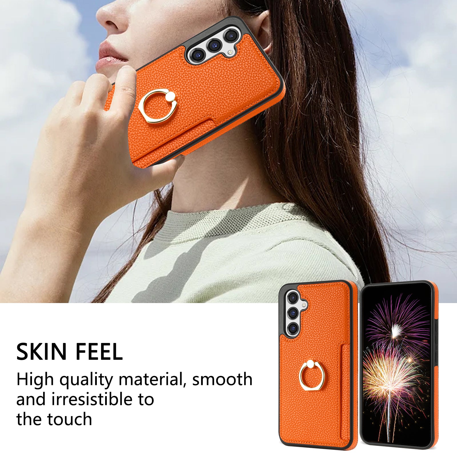 For Samsung Galaxy A16 4G / 5G Case Ring Kickstand PU+TPU Card Holder Phone Cover - Orange